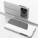 غطاء هاتف جلدي بغطاء أفقي مع مرآة مطلية وحامل، لأجهزة iPhone 17e / 16e، iPhone 17 Pro Max، iPhone 17 Pro، iPhone 17، iPhone Air، iPhone 16 Pro Max