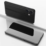غطاء هاتف جلدي بغطاء أفقي مع مرآة مطلية وحامل، لأجهزة iPhone 17e / 16e، iPhone 17 Pro Max، iPhone 17 Pro، iPhone 17، iPhone Air، iPhone 16 Pro Max