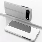 غطاء هاتف جلدي بغطاء أفقي مع مرآة مطلية وحامل، لأجهزة iPhone 17e / 16e، iPhone 17 Pro Max، iPhone 17 Pro، iPhone 17، iPhone Air، iPhone 16 Pro Max