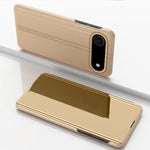 غطاء هاتف جلدي بغطاء أفقي مع مرآة مطلية وحامل، لأجهزة iPhone 17e / 16e، iPhone 17 Pro Max، iPhone 17 Pro، iPhone 17، iPhone Air، iPhone 16 Pro Max