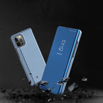 غطاء هاتف جلدي بغطاء أفقي مع مرآة مطلية وحامل، لأجهزة iPhone 17e / 16e، iPhone 17 Pro Max، iPhone 17 Pro، iPhone 17، iPhone Air، iPhone 16 Pro Max