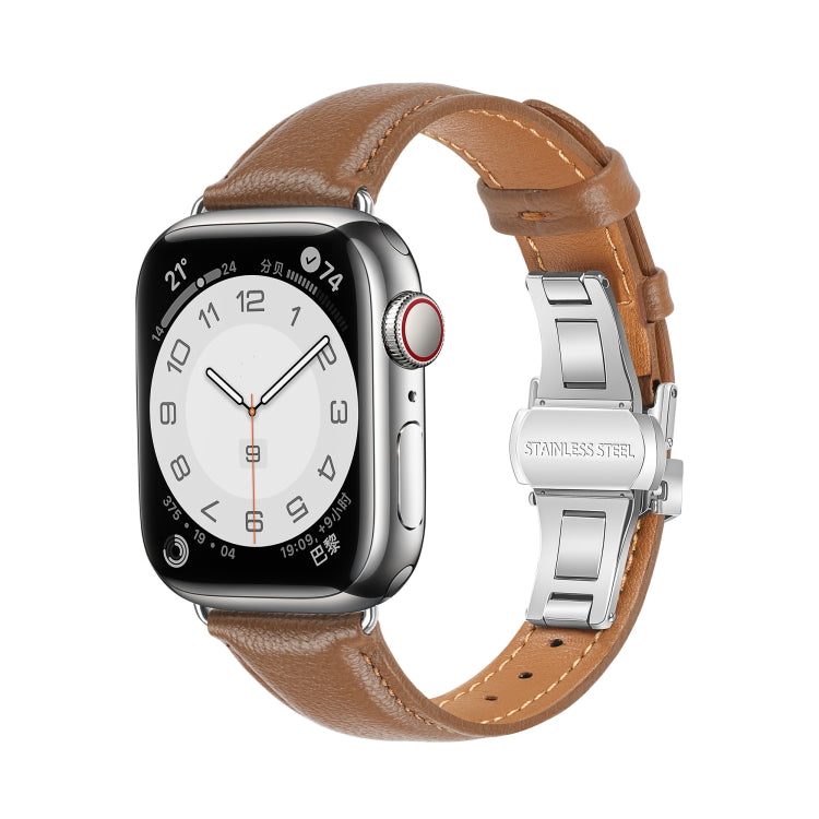 سوار ساعة من الجلد العادي مع إبزيم فراشة، لساعات Apple Watch SE 2022 40mm، وApple Watch SE 2022 44mm، وApple Watch Series 7 41mm، وApple Watch Series 7 45mm