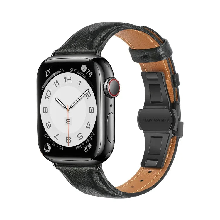 سوار ساعة جلدي بسيط بمشبك فراشة، لسلسلة Apple Watch 4 مقاس 44مم، لسلسلة Apple Watch 4 مقاس 40مم، لسلسلة Apple Watch 3 مقاس 38مم، لسلسلة Apple Watch 3 مقاس 42مم