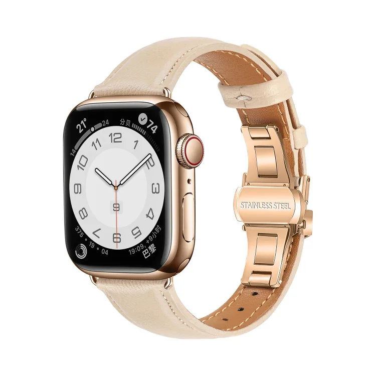 سوار ساعة جلدي بسيط بمشبك فراشة، لسلسلة Apple Watch 4 مقاس 44مم، لسلسلة Apple Watch 4 مقاس 40مم، لسلسلة Apple Watch 3 مقاس 38مم، لسلسلة Apple Watch 3 مقاس 42مم