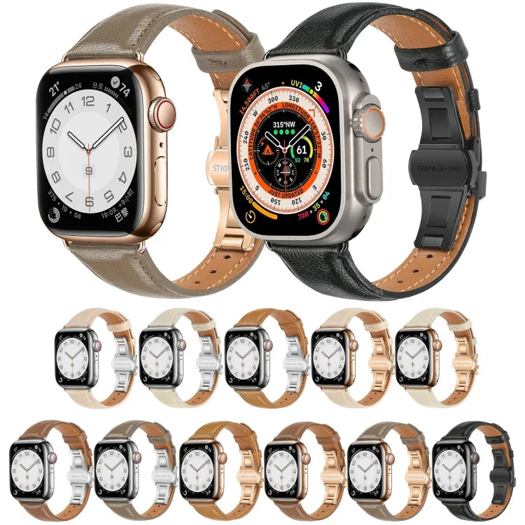 سوار ساعة جلدي بسيط بمشبك فراشة، لسلسلة Apple Watch 4 مقاس 44مم، لسلسلة Apple Watch 4 مقاس 40مم، لسلسلة Apple Watch 3 مقاس 38مم، لسلسلة Apple Watch 3 مقاس 42مم