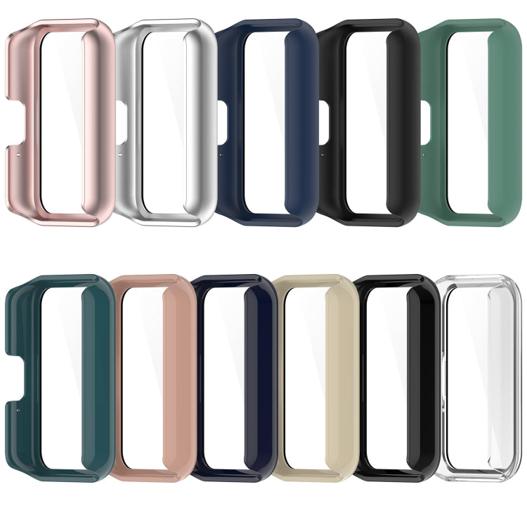 For Samsung Galaxy Fit 3 SM-R390 PC + Tempered Glass Film Integrated Watch Protective Case, Pink, Silver, Midnight Blue, Green, Black, Sakura Pink, Ink Blue, Pine Green, Ivory White, Transparent, Bright Black