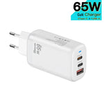 محول TE-65W GaN PD65W بمنفذي USB-C + USB-A للابتوب / التابلت، قابس الاتحاد الأوروبي