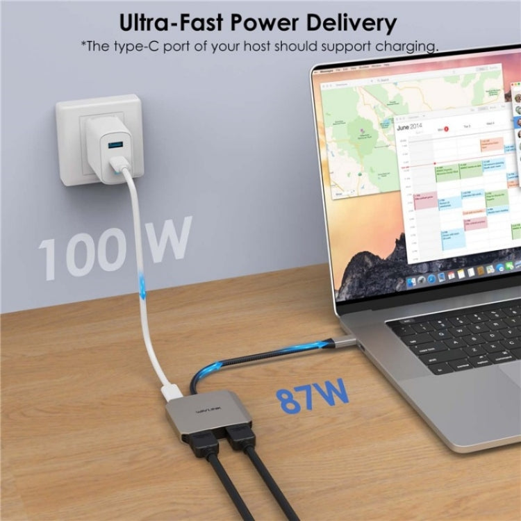 محول شحن WAVLINK UHP510 Pro بقوة 87 واط USB C إلى محول HD مزدوج 4K 60Hz للشاشة