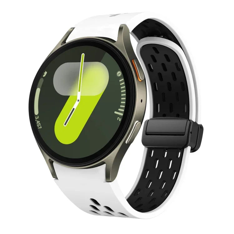 سوار ساعة سيليكون بمشبك أسود قابل للطي مغناطيسي بلونين، لساعات Samsung Galaxy Watch 7 40 / 44مم، لساعات Samsung Galaxy Watch 5 40 / 44مم، لساعات Samsung Galaxy Watch 4 40 / 44مم، لساعات Samsung Galaxy Watch 4 Classic 42 / 46مم