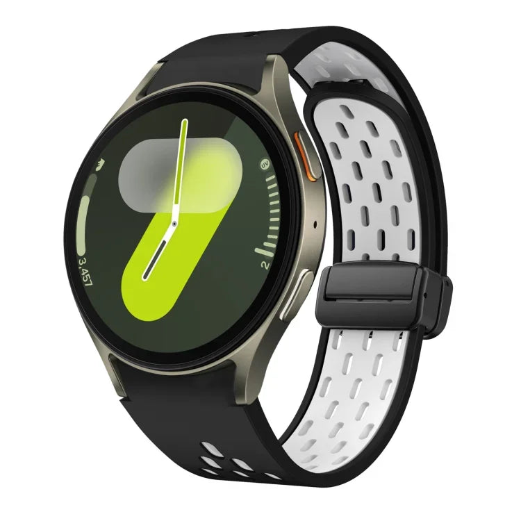 سوار ساعة سيليكون بمشبك أسود قابل للطي مغناطيسي بلونين، لساعات Samsung Galaxy Watch 7 40 / 44مم، لساعات Samsung Galaxy Watch 5 40 / 44مم، لساعات Samsung Galaxy Watch 4 40 / 44مم، لساعات Samsung Galaxy Watch 4 Classic 42 / 46مم