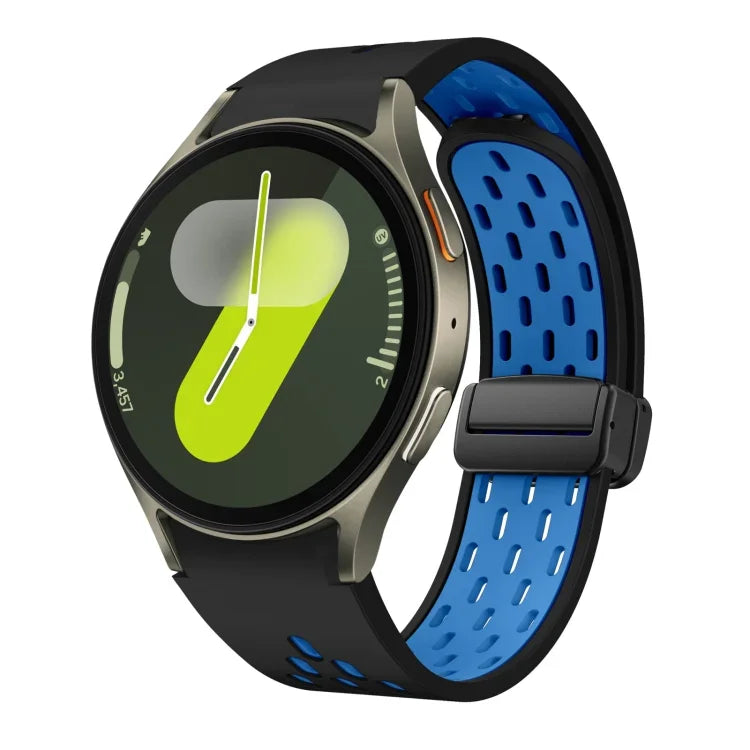سوار ساعة سيليكون بمشبك أسود قابل للطي مغناطيسي بلونين، لساعات Samsung Galaxy Watch 7 40 / 44مم، لساعات Samsung Galaxy Watch 5 40 / 44مم، لساعات Samsung Galaxy Watch 4 40 / 44مم، لساعات Samsung Galaxy Watch 4 Classic 42 / 46مم