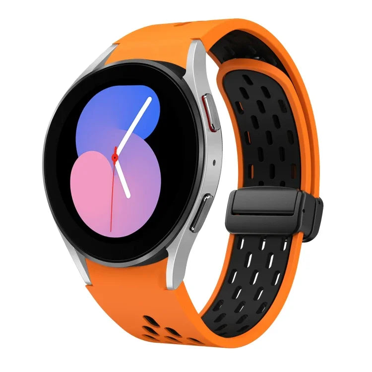 سوار ساعة سيليكون بمشبك أسود قابل للطي مغناطيسي بلونين، لساعات Samsung Galaxy Watch 7 40 / 44مم، لساعات Samsung Galaxy Watch 5 40 / 44مم، لساعات Samsung Galaxy Watch 4 40 / 44مم، لساعات Samsung Galaxy Watch 4 Classic 42 / 46مم