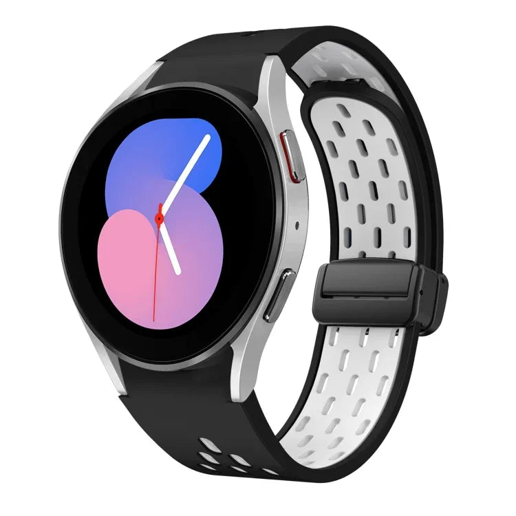 سوار ساعة سيليكون بمشبك أسود قابل للطي مغناطيسي بلونين، لساعات Samsung Galaxy Watch 7 40 / 44مم، لساعات Samsung Galaxy Watch 5 40 / 44مم، لساعات Samsung Galaxy Watch 4 40 / 44مم، لساعات Samsung Galaxy Watch 4 Classic 42 / 46مم