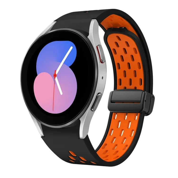 سوار ساعة سيليكون بمشبك أسود قابل للطي مغناطيسي بلونين، لساعات Samsung Galaxy Watch 7 40 / 44مم، لساعات Samsung Galaxy Watch 5 40 / 44مم، لساعات Samsung Galaxy Watch 4 40 / 44مم، لساعات Samsung Galaxy Watch 4 Classic 42 / 46مم