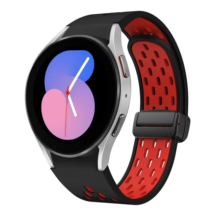 سوار ساعة سيليكون بمشبك أسود قابل للطي مغناطيسي بلونين، لساعات Samsung Galaxy Watch 7 40 / 44مم، لساعات Samsung Galaxy Watch 5 40 / 44مم، لساعات Samsung Galaxy Watch 4 40 / 44مم، لساعات Samsung Galaxy Watch 4 Classic 42 / 46مم