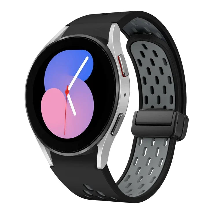 سوار ساعة سيليكون بمشبك أسود قابل للطي مغناطيسي بلونين، لساعات Samsung Galaxy Watch 7 40 / 44مم، لساعات Samsung Galaxy Watch 5 40 / 44مم، لساعات Samsung Galaxy Watch 4 40 / 44مم، لساعات Samsung Galaxy Watch 4 Classic 42 / 46مم