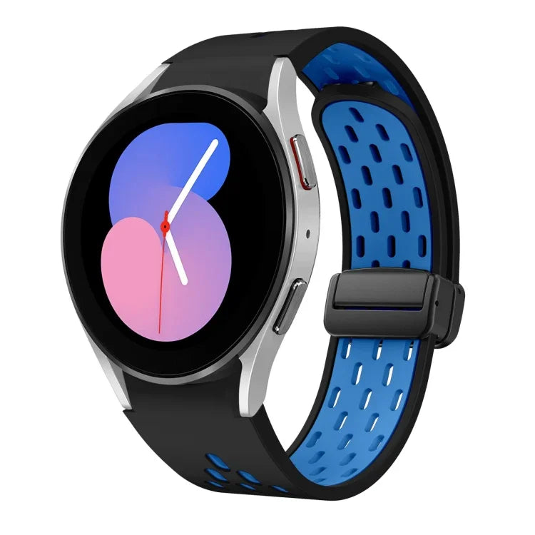 سوار ساعة سيليكون بمشبك أسود قابل للطي مغناطيسي بلونين، لساعات Samsung Galaxy Watch 7 40 / 44مم، لساعات Samsung Galaxy Watch 5 40 / 44مم، لساعات Samsung Galaxy Watch 4 40 / 44مم، لساعات Samsung Galaxy Watch 4 Classic 42 / 46مم