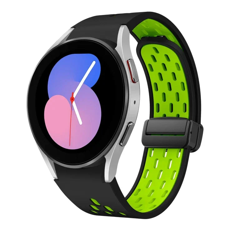 سوار ساعة سيليكون بمشبك أسود قابل للطي مغناطيسي بلونين، لساعات Samsung Galaxy Watch 7 40 / 44مم، لساعات Samsung Galaxy Watch 5 40 / 44مم، لساعات Samsung Galaxy Watch 4 40 / 44مم، لساعات Samsung Galaxy Watch 4 Classic 42 / 46مم