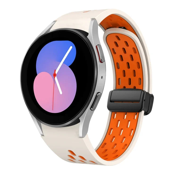 سوار ساعة سيليكون بمشبك أسود قابل للطي مغناطيسي بلونين، لساعات Samsung Galaxy Watch 7 40 / 44مم، لساعات Samsung Galaxy Watch 5 40 / 44مم، لساعات Samsung Galaxy Watch 4 40 / 44مم، لساعات Samsung Galaxy Watch 4 Classic 42 / 46مم