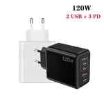 شاحن متعدد المنافذ 120 واط 3 PD Type-C مزدوج USB للهواتف المحمولة، قابس الاتحاد الأوروبي، قابس الاتحاد الأوروبي