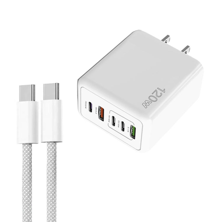 شاحن سريع متعدد المنافذ بقوة 120 واط PD3.0 مع 3 منافذ Type-C و2 USB مع كابل Type-C إلى Type-C، قابس الولايات المتحدة، قابس الولايات المتحدة + كابل C إلى C