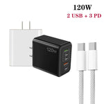 شاحن سريع متعدد المنافذ بقوة 120 واط PD3.0 مع 3 منافذ Type-C و2 USB مع كابل Type-C إلى Type-C، قابس الولايات المتحدة، قابس الولايات المتحدة + كابل C إلى C
