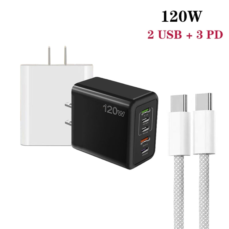 شاحن سريع متعدد المنافذ بقوة 120 واط PD3.0 مع 3 منافذ Type-C و2 USB مع كابل Type-C إلى Type-C، قابس الولايات المتحدة، قابس الولايات المتحدة + كابل C إلى C