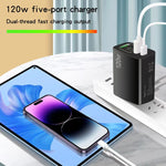 شاحن سريع متعدد المنافذ بقوة 120 واط PD3.0 مع 3 منافذ Type-C و2 USB مع كابل Type-C إلى Type-C، قابس الولايات المتحدة، قابس الولايات المتحدة + كابل C إلى C
