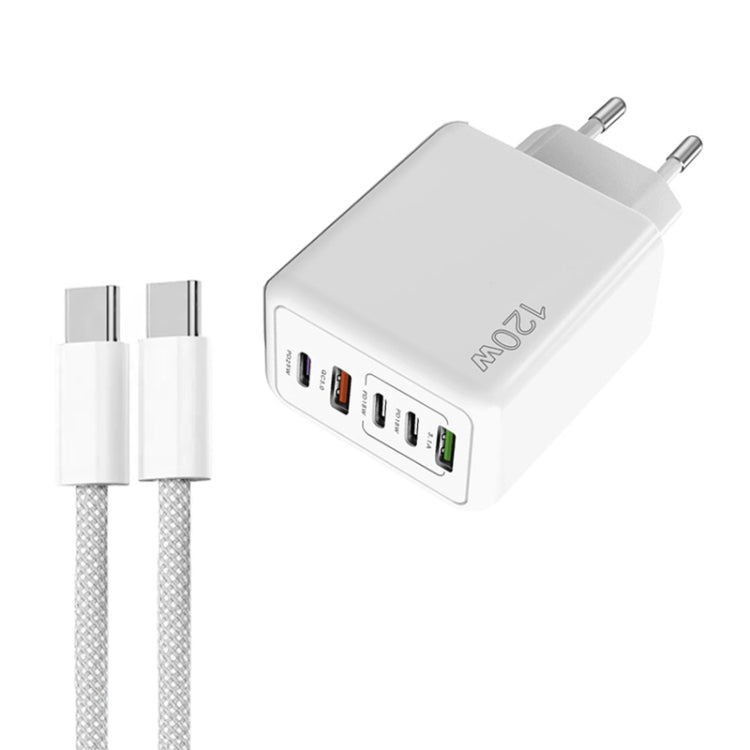 شاحن سريع متعدد المنافذ بقوة 120 واط PD3.0 مع 3 منافذ Type-C و2 USB مع كابل Type-C إلى Type-C، قابس الاتحاد الأوروبي، قابس الاتحاد الأوروبي + كابل C إلى C