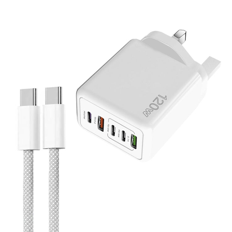 شاحن سريع متعدد المنافذ 120 واط PD3.0 مع 3 منافذ Type-C و2 USB مع كابل Type-C إلى Type-C، قابس المملكة المتحدة، قابس المملكة المتحدة + كابل C إلى C