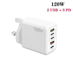 شاحن سريع متعدد المنافذ 120 واط PD3.0 مع 3 منافذ Type-C و2 USB مع كابل Type-C إلى Type-C، قابس المملكة المتحدة، قابس المملكة المتحدة + كابل C إلى C