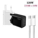 شاحن سريع متعدد المنافذ 120 واط PD3.0 مع 3 منافذ Type-C و2 USB مع كابل Type-C إلى Type-C، قابس المملكة المتحدة، قابس المملكة المتحدة + كابل C إلى C