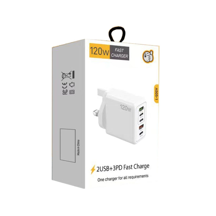 شاحن سريع متعدد المنافذ 120 واط PD3.0 مع 3 منافذ Type-C و2 USB مع كابل Type-C إلى Type-C، قابس المملكة المتحدة، قابس المملكة المتحدة + كابل C إلى C