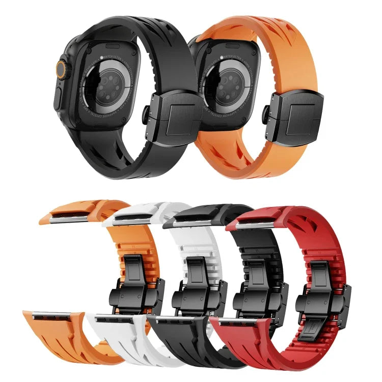 سوار ساعة من السيليكون مع إبزيم فراشة أسود من الفولاذ المقاوم للصدأ Tailor، لساعات Apple Watch مقاسات 44مم / 45مم / 46مم / 49مم