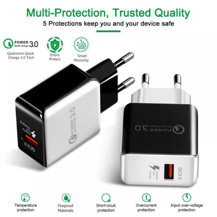 شاحن سريع QC 3.0 بسحب سلك بمنفذ USB واحد، قابس الاتحاد الأوروبي، QC 3.0 أسود، QC 3.0 أبيض