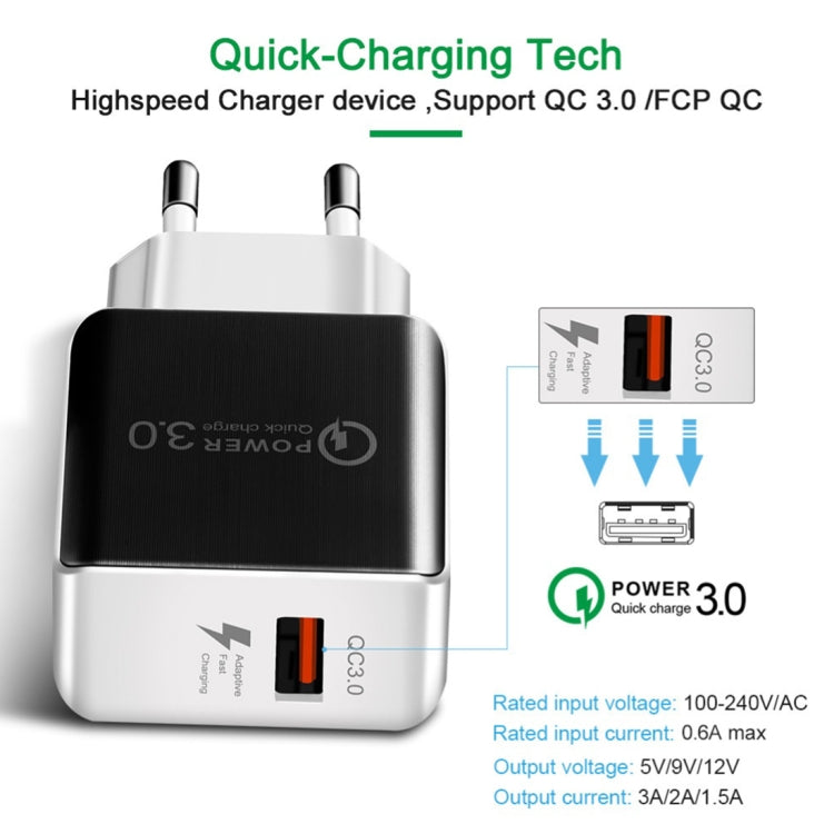شاحن سريع QC 3.0 بسحب سلك بمنفذ USB واحد، قابس الاتحاد الأوروبي، QC 3.0 أسود، QC 3.0 أبيض