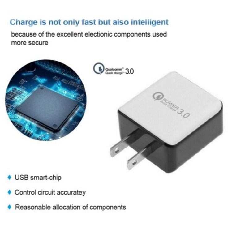 شاحن سريع QC 3.0 بسحب سلك بمنفذ USB واحد، قابس الولايات المتحدة، أسود، أبيض
