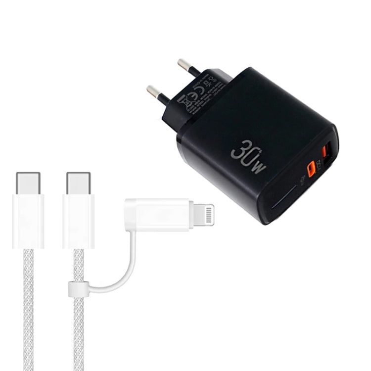 شاحن PD31 بقوة 30 واط USB-C / Type-C + USB-A مع كابل بيانات 2 في 1 Type-C + 8 Pin، قابس الاتحاد الأوروبي، قابس الاتحاد الأوروبي + كابل بيانات 2 في 1