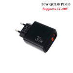 شاحن PD31 بقوة 30 واط USB-C / Type-C + USB-A مع كابل بيانات 2 في 1 Type-C + 8 Pin، قابس الاتحاد الأوروبي، قابس الاتحاد الأوروبي + كابل بيانات 2 في 1