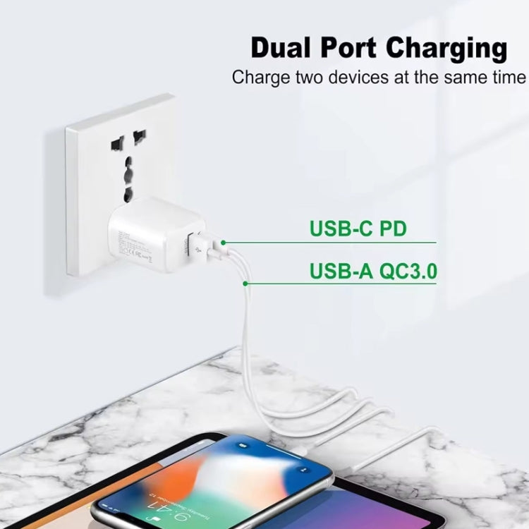 شاحن PD31 بقوة 30 واط USB-C / Type-C + USB-A مع كابل بيانات 2 في 1 Type-C + 8 Pin، قابس الاتحاد الأوروبي، قابس الاتحاد الأوروبي + كابل بيانات 2 في 1