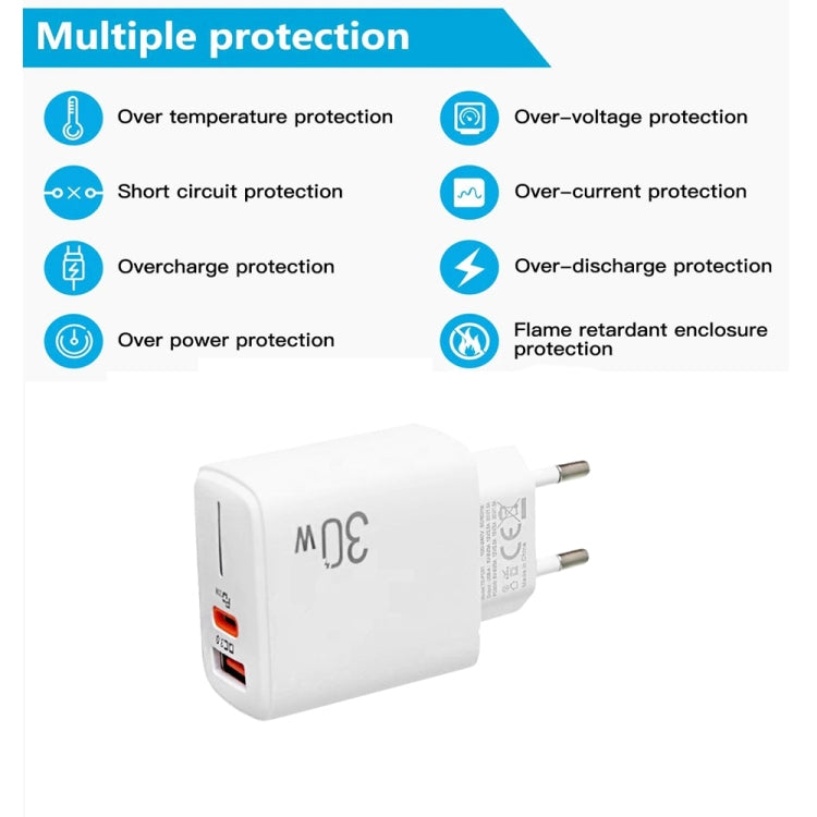 شاحن PD31 بقوة 30 واط USB-C / Type-C + USB-A مع كابل بيانات 2 في 1 Type-C + 8 Pin، قابس الاتحاد الأوروبي، قابس الاتحاد الأوروبي + كابل بيانات 2 في 1