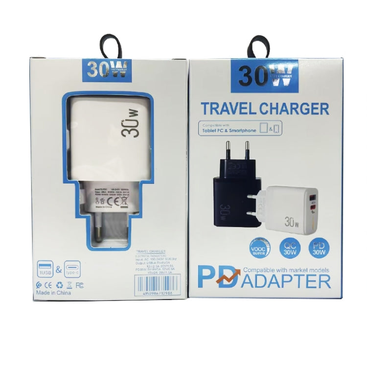 شاحن PD31 بقوة 30 واط USB-C / Type-C + USB-A مع كابل بيانات 2 في 1 Type-C + 8 Pin، قابس الاتحاد الأوروبي، قابس الاتحاد الأوروبي + كابل بيانات 2 في 1