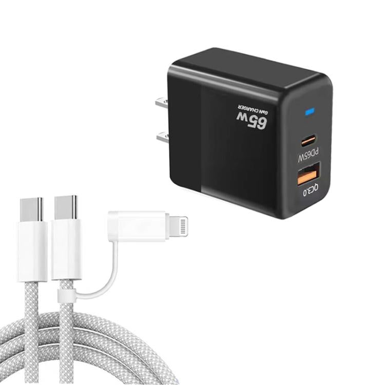 شاحن PD41 GaN PD 45 واط + USB مع كابل بيانات USB-C إلى USB-C / 8 Pin للآيفون، قابس الولايات المتحدة، قابس الولايات المتحدة