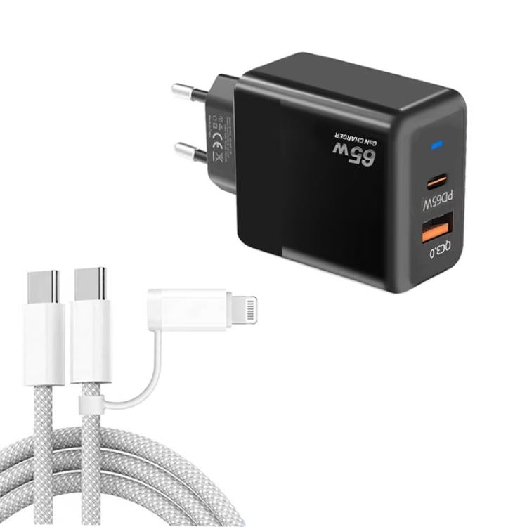 شاحن PD41 GaN PD 45 واط + USB مع كابل بيانات USB-C إلى USB-C / 8 Pin للآيفون، قابس الاتحاد الأوروبي، قابس الاتحاد الأوروبي