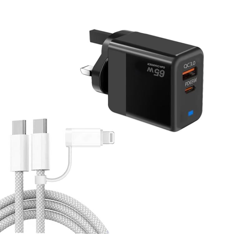 شاحن PD41 GaN PD 45 واط + USB مع كابل بيانات USB-C إلى USB-C / 8 Pin للآيفون، قابس المملكة المتحدة، قابس المملكة المتحدة