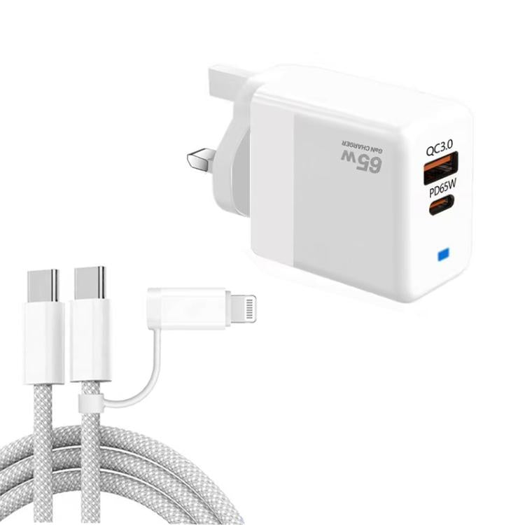 شاحن PD41 GaN PD 45 واط + USB مع كابل بيانات USB-C إلى USB-C / 8 Pin للآيفون، قابس المملكة المتحدة، قابس المملكة المتحدة