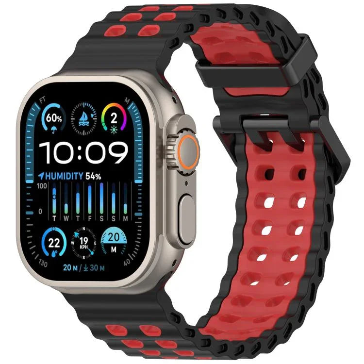 سوار ساعة سيليكون ثنائي اللون ذو صفين من الثقوب بتصميم المحيط، لساعات Apple Watch بمقاسات 46مم / 49مم / 45مم / 44مم