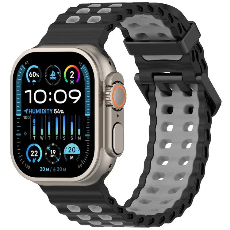 سوار ساعة سيليكون ثنائي اللون ذو صفين من الثقوب بتصميم المحيط، لساعات Apple Watch بمقاسات 46مم / 49مم / 45مم / 44مم