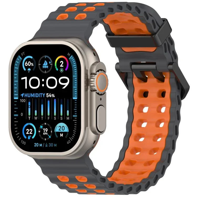 سوار ساعة سيليكون ثنائي اللون ذو صفين من الثقوب بتصميم المحيط، لساعات Apple Watch بمقاسات 46مم / 49مم / 45مم / 44مم