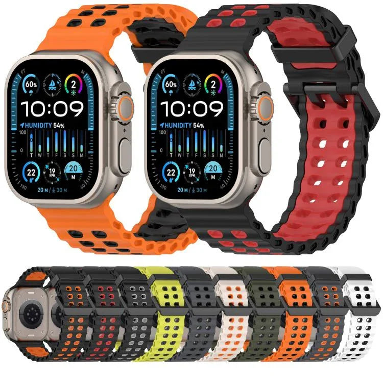 سوار ساعة سيليكون ثنائي اللون ذو صفين من الثقوب بتصميم المحيط، لساعات Apple Watch بمقاسات 46مم / 49مم / 45مم / 44مم